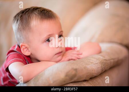 Accueil prises portrait d'un mignon petit garçon assis sur un canapé et regarder les dessins animés à la télévision Banque D'Images