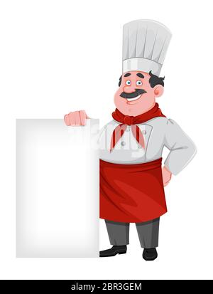 Beau personnage de dessin animé de chef portant une étiquette vierge. Cuisinier joyeux en uniforme professionnel. Illustration vectorielle Illustration de Vecteur