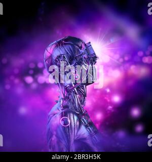 Cyber-punk Dreamer réveille / illustration 3D du personnage futuriste de robot de science-fiction avec un arrière-plan bokeh lumineux Banque D'Images