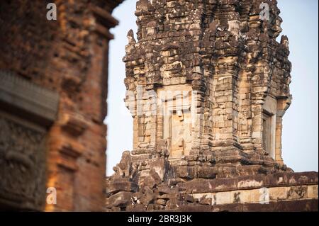 Détails du bâtiment du temple Roluos. Angkor, site du patrimoine mondial de l'UNESCO, province de Siem Reap, Cambodge, Asie du Sud-est Banque D'Images