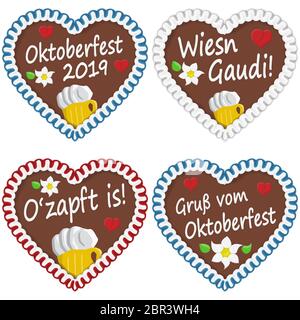 Coeurs d'épice illustrée avec texte en allemand pour l'Oktoberfest 2019 2020 fois Banque D'Images