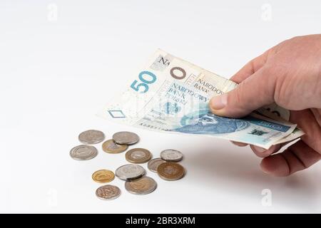 Certains billets et quelques pièces de zloty polonais Banque D'Images