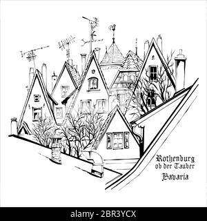Croquis vectoriel de façades pittoresques et de toits de la vieille ville médiévale, Rothenburg ob der Tauber, Bavière, Allemagne Illustration de Vecteur