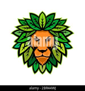 L'icône de mascotte illustration de tête d'un lion avec des feuilles comme mane vue de l'avant sur fond isolé en style rétro. Banque D'Images