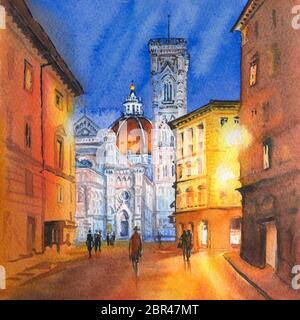 Croquis aquarelle du célèbre Duomo Santa Maria Del Fiore, Baptistère et Campanile de Giotto sur la Piazza del Duomo à Florence, Toscane, Italie Banque D'Images