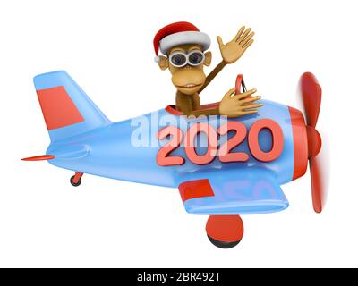 Singe avec lunettes sur un avion bleu avec une inscription en 2020. 3D render. Banque D'Images