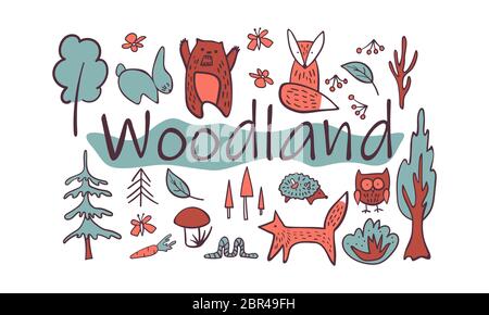 Collection d'animaux de bois dessinés à la main. Personnages mignons dans un style nordique simple. Illustration vectorielle. Illustration de Vecteur