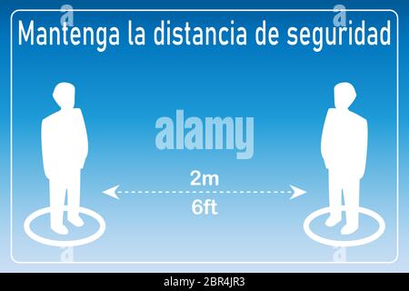 Illustration vectorielle de la distanciation sociale. Gardez une distance de sécurité en espagnol (Mantenga la distancia de seguridad). Icônes de localisation de la personne. 2 mètres ou 6 frais Illustration de Vecteur