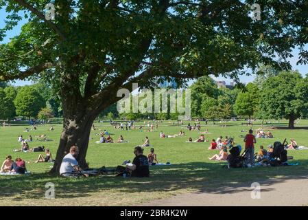 La foule se trouve dans le parc Clissovés, Stoke Newington, Londres, au Royaume-Uni, pendant l'enfermement, le 20 mai 2020, lors d'une journée chaude Banque D'Images