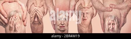 Hommes et femmes âgés tenant le genou avec douleur. Collage. Concept de douleur et de désespoir abstraits. Le pensionné âgé et les problèmes. Vieux et illnes Banque D'Images
