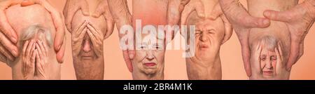 Hommes et femmes âgés tenant le genou avec douleur. Collage. Concept de douleur et de désespoir abstraits. Le pensionné âgé et les problèmes. Vieux et illnes Banque D'Images
