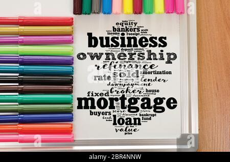 Nuage de mots hypothécaire sur fond de tableau blanc collage Banque D'Images