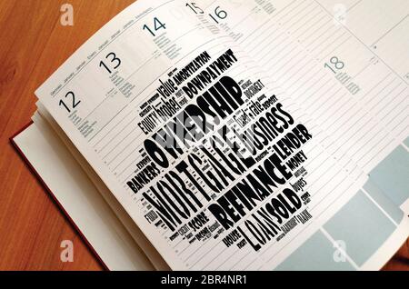 Nuage de mots hypothécaire sur fond de collage du bloc-notes Banque D'Images