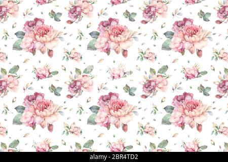 Fond aquarelle dessiné à la main avec des roses rouges, blanches et bleues, des fleurs de pivoine et de lilas et des feuilles vertes. Isolé sur fond blanc pour le mariage Banque D'Images
