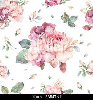 Motif aquarelle dessiné à la main avec roses rouges, blanches et bleues, fleurs de pivoine et lilas et feuilles vertes. Isolé sur fond blanc pour Banque D'Images