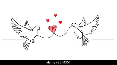 Colombe, couple de pigeons avec coeur. Concept d'amour, simplicité du vecteur. Bannière de dessin continue d'une ligne avec dans les colombes d'amour Illustration de Vecteur