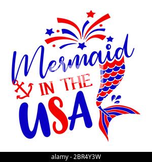 Mermaid aux Etats-Unis - Joyeux anniversaire de l'indépendance juillet 4 dessin de lettrage. Bon pour la publicité, l'affiche, l'annonce, l'invitation, la fête, l'accueil Illustration de Vecteur