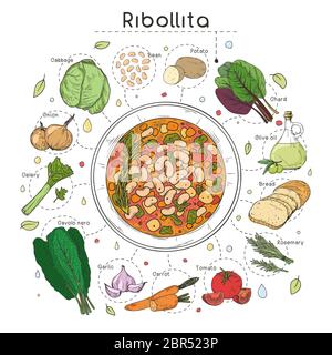 Recette de soupe italienne. Ribollita. Assiette avec soupe et différents ingrédients isolés sur fond blanc. Illustration vectorielle Illustration de Vecteur