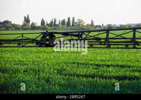 Des jets de l'engrais liquide du tracteur pulvérisateur. Tracteur avec l'aide d'un pulvérisateur de pulvérisations d'engrais liquides sur les jeunes dans le domaine du blé. L'utilisation Banque D'Images