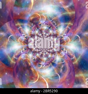 Peinture abstraite. Fractale circulaire symétrique avec des planètes vives dans l'espace Banque D'Images