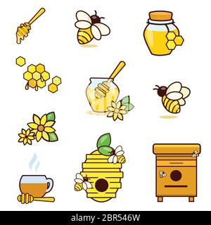 Miel et apiculture icônes isolées avec des abeilles, apiculteur. Illustration de Vecteur