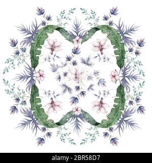 Motif aquarelle dessiné à la main avec roses rouges, blanches et bleues, fleurs de pivoine et lilas et feuilles vertes. Isolé sur fond blanc pour Banque D'Images