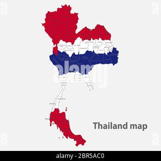 Carte de la Thaïlande dans les couleurs du drapeau avec vecteur de divisions administratives Illustration de Vecteur