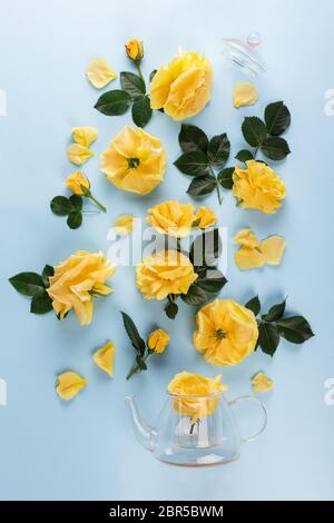 Aménagement créatif fait de pot à thé en verre avec des roses jaunes et des feuilles sur fond bleu. Vue de dessus, Flat lay. Banque D'Images