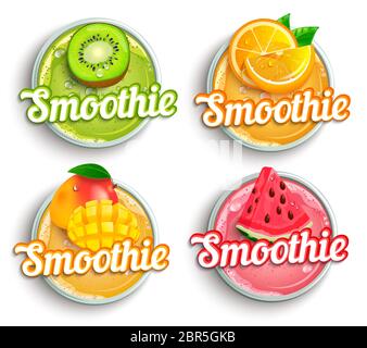 Ensemble de kiwi, orange, mangue, melon d'eau, logo smoothie frais. Boisson saine et juteuse de vitamine pour le régime ou végétalien, boisson maison aux fruits rafraîchissante.Template f Banque D'Images