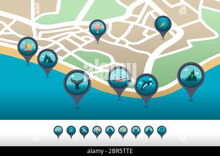 Mer Excursion vector borne d'une icône située sur la carte. L'heure d'été pointeur de carte. Les marqueurs de carte. Locations, eps 10 Banque D'Images