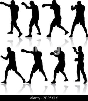 Ensemble Noir silhouette d'un athlète boxer sur un fond blanc. Illustration de Vecteur