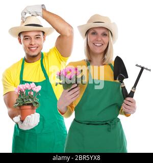 L'équipe de Gardner jardinier le jardinage de fleur jardin Outils de travail occupation isolé sur fond blanc Banque D'Images