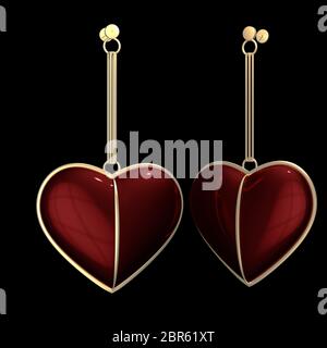 Rendu CGI 3D des boucles d'oreilles d'amour en forme de coeur avec or et rubis Banque D'Images