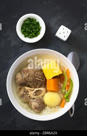 Cazuela de Vacuno ou Cazuela de Carne, une soupe de bœuf avec pomme de terre, maïs, citrouille, carotte, poivron, oignon et riz, photographié o Banque D'Images