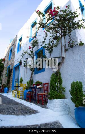 Kos, Grèce - 24 juillet 2018. Taverne grecque sur l'île de Kos. Kolors traditionnels bleus et blancs. Banque D'Images