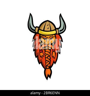 L'icône de mascotte illustration de tête d'un Viking en colère, Norseman ou norrois marin vue de l'avant sur fond isolé en style rétro. Banque D'Images