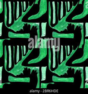 Seamless abstract pattern. Formes géométriques vert sur fond noir. Ornement rythmique contrastant avec des éléments. Banque D'Images