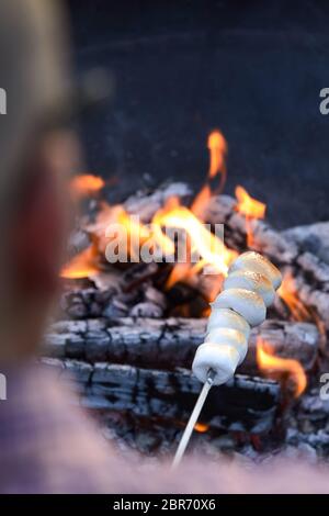 L'homme blanc de la torréfaction des guimauves sur une brochette de métal sur les tisons d'un feu de camp dans un au-dessus de l'épaule l'accent sur les bonbons Banque D'Images