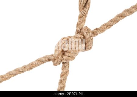 Un autre côté de hunter's bend nœud réunir deux cordes close up isolé sur fond blanc Banque D'Images