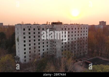 Vues de la ville de Pripyat près de la centrale nucléaire de Tchernobyl, vue aérienne. Banque D'Images