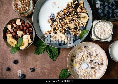 Granola de grain de millet croustillant maison avec fruits secs et noix dans un bol en céramique, avec yaourt, menthe et ingrédients ci-dessus. Texture marron sous-groupe Banque D'Images