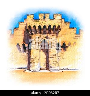 Croquis aquarelle des célèbres remparts médiévaux d'Avignon, Provence, sud de la France Banque D'Images