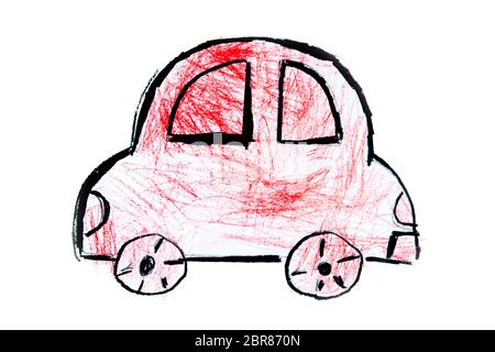Enfant d'art, dessin à la main voiture sur fond uni. Banque D'Images