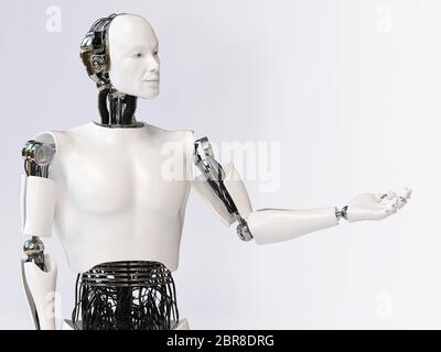 Le rendu 3D d'un robot de sexe masculin faisant une présentation, tenant son bras comme il est présenter ou montrant quelque chose. Fond clair avec copyspace pour Banque D'Images