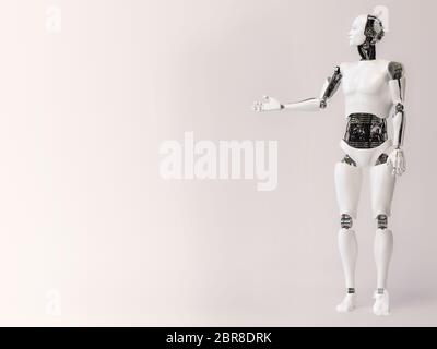 Le rendu 3D d'un robot de sexe masculin faisant une présentation, tenant son bras comme il est présenter ou montrant quelque chose. Fond gris avec copyspace pour Banque D'Images