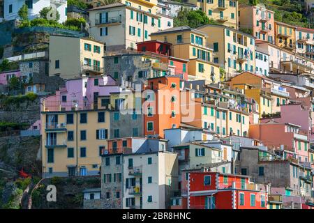 Vue sur le bord de mer et les maisons colorées typiques sur la colline dans le petit village, Riviera di Levante, Cinque Terre, Italie Banque D'Images