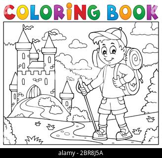 Livre de coloriage hiker garçon sujet 2 - illustration d'image. Banque D'Images