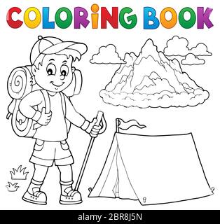 Livre de coloriage hiker garçon sujet 1 - illustration d'image. Banque D'Images