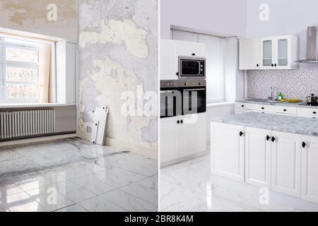 Avant et après de Cuisine Moderne appartement chambre dans maison rénovée Banque D'Images