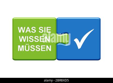 Bouton Puzzle isolé avec deux pièces montrant ce que vous devez savoir avec le symbole de coche en allemand Banque D'Images